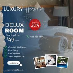 an advertisement for a luxury hotel with pictures of the bed and pillows on it's side