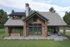 this is an artist's rendering of a small cabin style home in the woods