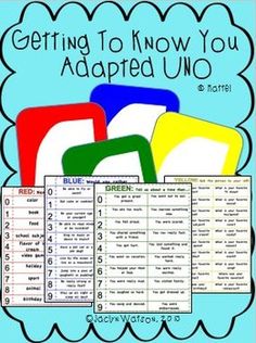 a poster with the words getting to know you adapted uno and green, blue, yellow