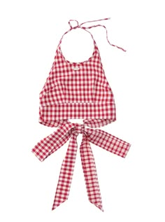 a red and white gingham top with a tie around the neck on a white background