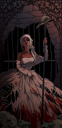 an illustration of a woman in a white dress holding a bird on her arm and standing next to a cage