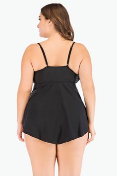 The Black Ruched Two Piece Tankini Plus Size Swimsuit is all you need to get through summer in style! Our plus size swimwear from Curvy Waves offer comfort and style combining with sexy prints and curve-hugging fit. With bold patterns that shout "summer's here" and sizes that go up to a 6XL, there's nowhere else to go bikini shopping for! Instantly lengthen the look of your legs with the high-cut hemline! Our tankinis are designed to make sure they fit you right. And by right, we mean no tummy r Black Tankini With Built-in Bra For Vacation, Black Swim Dress With Built-in Bra For Pool, Black Sleeveless Tankini For Poolside, Black Swim Dress With Built-in Bra For Beach Season, Vacation Swim Dress With Built-in Underwire Bra, Ruched Swimwear With Spaghetti Straps For Swimming, Black Spaghetti Strap Swimwear For Poolside, Black Swim Dress For Beach Season, Ruched Spaghetti Strap Swimwear