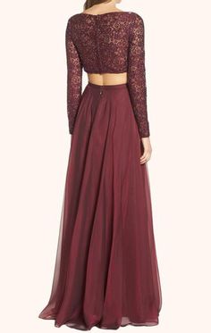 MACloth Two Piece Long Sleeves Lace Prom Gown Burgundy Formal Dress Long Skirt Outfit Ideas, Formal Dresses Long Lace, Two Piece Prom Dresses, Casual Bridal Dress, Lace Prom Gown, Burgundy Formal Dress, Two Piece Prom, Modest Evening Dress, Two Piece Gown