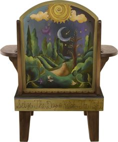 a wooden chair with a painting on it's back and the words, seek the day with the light