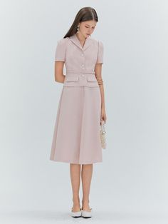 This product, the Erika Flare Dress, encapsulates a timeless elegance with a fitted bodice that flares into a graceful midi-length skirt. The addition of a matching belt enhances the dress's classic silhouette, drawing attention to the wearer's waist. It features a neatly tailored collar and a sleek button-down front, which add a touch of formality to the otherwise soft-flowing form. - This Erika Flare Dress includes a neatly tailored collar that frames the neckline beautifully.- The included belt cinches at the waist, providing a flattering shape and refined detail.- A button-down front offers a versatile closure that is both functional and stylish.- The dress's skirt flares gently from the waist, creating a silhouette that moves with grace and poise. Tailored A-line Midi Dress For Work, Classy Pastel Outfit, Feminine Fitted Tea Length Dress For Formal Occasions, Fit And Flare A-line Midi Dress For Work, Classic A-line Midi Dress With Pleated Waist, Tailored A-line Midi Dress For Formal Occasions, Workwear Dress With Pleated Waist And Fitted Bodice, Classic A-line Midi Dress For Semi-formal Occasions, Chic A-line Tea Length Formal Dress