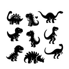 the silhouettes of different dinosaurs are shown in black and white, with hearts on their backs