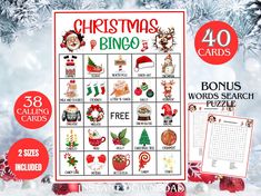 the christmas bingo game is on display in front of snow covered trees