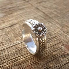 Silver Band Ring Women, Nature-inspired Flower Promise Ring, Bohemian Adjustable Flower Ring For Anniversary, Bohemian Flower Ring For Promise, Flower Shaped Stackable Promise Rings, Stackable Flower Promise Rings, Adjustable Flower Rings For Anniversary, Adjustable Sunflower Design Flower Ring, Adjustable Flower Shaped Anniversary Rings