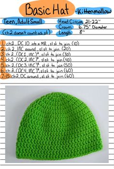 a crocheted beanie with the instructions for it to be knitted in green