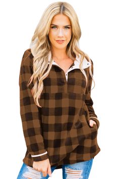 Brown Plaid Fleece Pullover Sweatshirt Brown Fleece Long Sleeve Sweatshirt, Brown Long Sleeve Fleece Sweatshirt, Brown Fleece Sweatshirt For Fall, Long Sleeve Fleece Tops With Ribbed Cuffs, Cozy Fit Fleece Top For Fall, Cozy Fit Brown Tops For Loungewear, Fall Fleece Long Sleeve Sweatshirt, Brown Fleece Sweater For Fall, Fleece Long Sleeve Sweatshirt For Fall