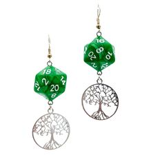 These awesome and beautiful earrings were specially created for the Druid in your RPG group, or any other character who is in tune with the natural world. Two options:Leaf & Flower: Leaf charms in silver-tone pewter and a tiny blue glass flower hang below green D20 dice. The leaf itself is just over an inch long, and the earrings hang about 3-1/2 inches overall.Tree of Life: Silver-tone charm hangs from green D20 dice. The tree is under an inch in diameter, so these are slightly shorter at about Themed Pierced Earrings As A Gift, Themed Earrings For Pierced Ears As Gift, Themed Gift Earrings, Fantasy Style Drop Earrings For Gift, Fantasy Style Drop Earrings Jewelry Gift, Green Spiritual Earrings For Gift, Spiritual Green Earrings For Gift, Fantasy Style Metal Earrings For Gift, Fantasy Metal Earrings For Gift