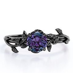 Soothe your soul with this 0.50 Carat - Round Cut Lab Created Alexandrite Ring - Leaf & Vine Engagement Ring - 18K Black Gold Plating Over Silver. Skillfully hand-cut into a nice round cut by our skilled jewelers, this alluring alexandrite gemstone ring combines 0.50 Carat alexandrite on solid rose gold plating over silver. Special and non-traditional, this alexandrite band is well-suited for those who are not quite into normal lifestyle. Reflective properties of this alexandrite ring will absol French Vampire, Darry Ring, Prong Setting Engagement Ring, Creative Engagement Rings, Milgrain Wedding Ring, Prong Engagement Rings, Nature Inspired Engagement Ring, Ring Inspiration, Alexandrite Engagement Ring