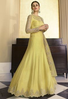 Embroidered Art Silk Abaya Style Suit in Light Yellow : KCH6685 Transitional Yellow Anarkali Set With Long Sleeves, Yellow Long Sleeve Anarkali Set For Transitional Season, Transitional Yellow Long Sleeve Anarkali Set, Art Silk Anarkali Set With Long Sleeves For Reception, Anarkali Art Silk Salwar Kameez With Long Sleeves, Silk Anarkali Set With Dabka Work And Long Sleeves, Diwali Long Sleeve Anarkali Set With Intricate Embroidery, Long Sleeve Raw Silk Anarkali Set With Resham Embroidery, Eid Raw Silk Anarkali Set Maxi Length