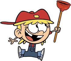 a cartoon girl with a red hat and a stick in her hand, running to catch a frisbee