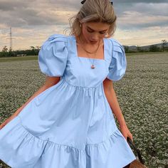 Sweet Puff Sleeve Dress - S / Blue - Dresses Blue Dress Puff Sleeves, Blusas Top, Bohemian Style Dresses, Dress Bohemian, Kawaii Dress, Maid Dress, Ruffle Mini Dress, Ruffle Hem Dress, Puffed Sleeves Dress