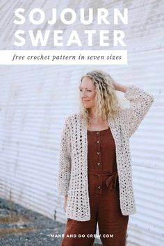 a woman standing in front of a white wall wearing a crochet sweater and brown jumpsuit