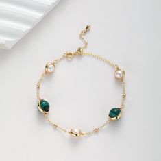 The rich and vibrant green color of malachite symbolizes nature, growth, and renewal.  ITEM DETAILS - Bracelet length: 17cm+4cm - Stone size: Malachite 8mm/Freshwater pearl 5.5mm-6mm - Material: 14K gold filled, Natural Malachite, Natural freshwater pearl --------------------------------- -CRAFTSMANSHIP: My jewelry is handmade in New Jersey Studio. I focus on craftsmanship and quality using only the highest quality materials and handpicked genuine gemstones.  - SOPHISTICATION: The rich color Mal Green Malachite Bracelets For Gifts, Green Malachite Round Bracelets, Dainty Adjustable Green Pearl Bracelet, Green Pearl Beaded Bracelets As Gift, Adjustable Green Pearl Bracelet, Elegant Green Pearl Bracelet, Elegant Green Beaded Pearl Bracelet, Elegant Handmade Green Pearl Bracelet, Gold Malachite Bracelet