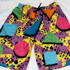 Brand New. Never Worn. 80s Funky New Wave Print Mesh Inner Lining Drawstring Waist 12.5" Inseam 9.5" Size: Men's Medium Jane Fonda Workout, 80s Pattern, Striped Tube Socks, Retro Fitness, Mens 80s, Outfits Retro, Wave Print, Tube Socks, 80s Retro