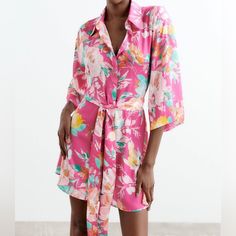 New With Tags Size Medium Pink Floral Print Shirt Dress For Summer, Chic Floral Print Summer Shirt Dress, Spring Pink Shirt Dress For Vacation, Pink Shirt Dress For Spring Vacation, Pink Floral Print Short Sleeve Shirt Dress, Feminine Tie Waist Beach Dress, Feminine Beach Dresses With Tie Waist, Pink Brunch Dress With Tie Waist, Brunch Dresses With Tie Fastening