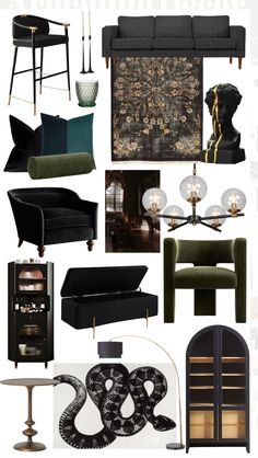 a collage of furniture and decor items in black, green, gold and white