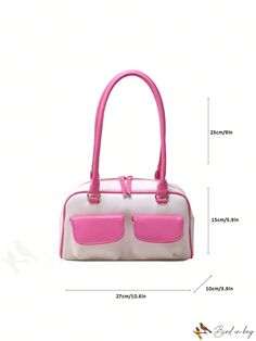 BirdinBag - Colorblock Double Handle Bag - Stylish Medium Square with Front Pocket, Ideal for Daily Use Pink Large Capacity Rectangular Shoulder Bag, School Baguette Bag With Removable Pouch And Double Handle, Pink Baguette Bag With Large Capacity For Daily Use, White Square Satchel For School, Pink Large Capacity Baguette Bag For Travel, Pink Baguette Bag With Large Capacity For Travel, White School Bag With Double Handle, White School Bags With Double Handle, Rectangular Baguette Bag With Detachable Strap For School