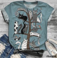 Olivia Mark - Modern Soft-Fit Round Neck Blouse with Digital Print Pattern Tree Tshirt, Cat Tee Shirts, Y2k Graphic Tees, Round Neck Blouses, Fitted Blouses, Cat Tee, Loose Fitting Tops, Hoodies And Sweatshirts, Cat Stuff