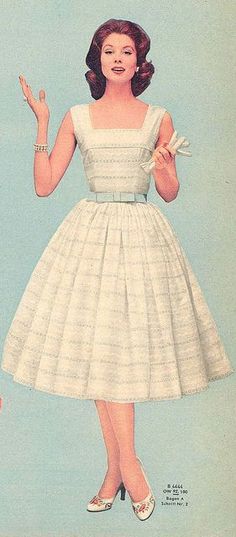 vintage fashion photo print ad color white eyelet lace dress blue bow belt full skirt day picnic 50s model hairstyle 50s Sundress, Dresses 1950s, Eyelet Lace Dress, Vintage Fashion 1950s, 50's Style