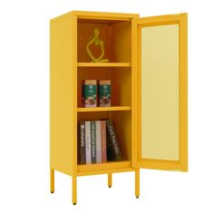 an open yellow bookcase with books in it