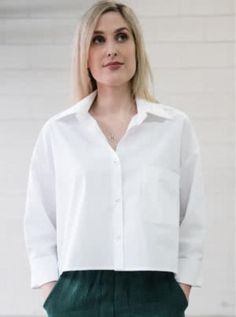 Boxy shape Dropped shoulder 2 piece shirt collar Long sleeves Sleeve hem bands Button front Double yoke Oversized shape Length finishes at high hip Skill Level: Medium / Challenging Sizes: 4-16 or 18-30 New, uncut paper pattern Fabric Suggestions : Poplin, silk, crepe, linen. Classic Cropped Shirt For Daywear, Classic Spring Cropped Shirt For Office, Classic Cropped Shirt For Office In Spring, Classic White Cropped Shirt For Daywear, Classic Collared Cropped Shirt For Office, Classic Long Sleeve Cropped Shirt For Work, Classic Long Sleeve Cropped Shirt For Daywear, Classic Spring Cropped Work Shirt, Classic Spring Workwear Cropped Shirt