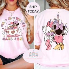 Cute Minnie Mouse Tops For Disney Trips, Disney With My Bestie Shirt, Minnie And Daisy Best Friend Shirts, Disney Besties, Pink Disney T-shirt For Disney Trips, Girls Just Wanna Have Sun, Cheap Minnie Mouse T-shirt For Disney Trips, Disney World Shirts, Pixie Dust