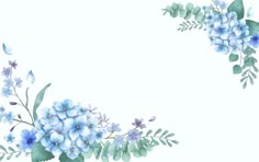 blue flowers and green leaves on a white background