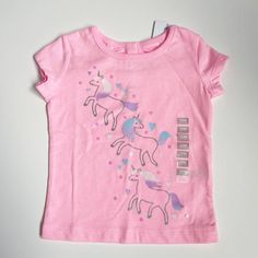 Adorable Pink Unicorn Tee, Nwt Spring Cotton T-shirt With Unicorn Print, Cotton T-shirt With Unicorn Print For Spring, Short Sleeve Unicorn Print Tops For Summer, Short Sleeve Tops With Unicorn Print For Summer, Summer Short Sleeve Tops With Unicorn Print, Unicorn Print Crew Neck Tops For Spring, Pink Unicorn Print Top For Summer, Cute Short Sleeve Tops With Unicorn Print, Playful Unicorn Print Crew Neck Top