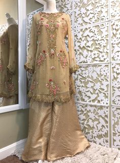 Mina Hasan Inspired Chiffon Dress Floral Beaded Embroidery | Etsy Embellished Raw Silk Sharara For Reception, Semi-stitched Embellished Sharara For Wedding, Hand Embellished Floor-length Organza Traditional Wear, Reception Organza Salwar Kameez Hand Embellished, Party Wear Embellished Raw Silk Sharara, Embellished Raw Silk Sharara For Party Wear, Hand Embellished Raw Silk Sharara For Reception, Reception Raw Silk Hand Embellished Sharara, Hand Embellished Organza Salwar Kameez For Reception