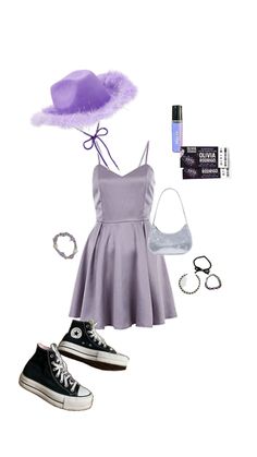 a purple dress and accessories are arranged on a white background