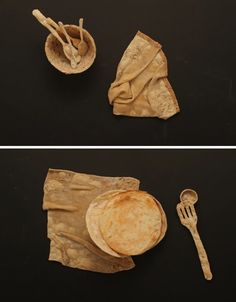 two pictures of different types of utensils and food on paper napkins with forks