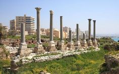 the ruins of an ancient city are surrounded by greenery and tall buildings in the background