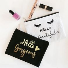 Only Comes In Black Or Beige Both Have Black Zippers Makeup Bag Ideas, Bridal Party Totes, Gold Foil Design, Cute Makeup Bags, Idee Cricut, Makeup Tip, Sac Diy, Black Cosmetics