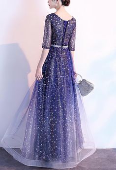 Blue Glitter Formal Gown With Fitted Sleeves (Stunning) Blue Maxi Dress For Party During Prom Season, Blue Gown For Prom Season Party, Blue Party Gown For Prom Season, Blue Evening Dress For Prom Season, Purple Tulle Gown For Party, Blue Evening Dress For Banquet, Blue Prom Gown For Party, Purple Tulle Party Gown, Glamorous Blue Gown For Banquet