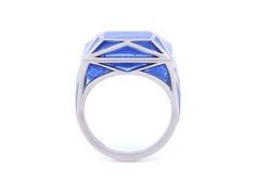 Blue plique-à-jour enamel ring in 18K white gold. Signed SA-P for Solange Azagury-Partridge, with English hallmarks. The retail price is £5800 (approximately $7500). Plique-à-jour is a difficult enameling process in which enamel is applied to an area with no backing instead of onto metal. The result is the enamel is transparent or translucent. Jewellery Marketing, Enamel Ring, Partridge, Gold Design, Ring Size, White Gold, Square, Ring, Gold