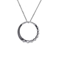 Here is our amazing round cut diamond Journey circle pendant in 14 kt. white gold. Along half of this circle pendant are round cut diamonds set graduating in size for a total weight of 1.000 carat in top near colorless white G to H and immaculately eye clean SI-1 to SI-2 clarity. The pendant has a hidden bale where an 18 inch cable link chain has been threaded through. This necklace secures with a lobster claw closure. Payment: Payment must be received within 2 business days of the sale being co Silver Diamond Open Circle Necklace, Silver Circle Necklace With Diamond Accents, Silver Circle Necklaces With Diamond Accents, White Gold Diamond Necklace With Round Pendant, Silver Open Circle Diamond Jewelry, Sterling Silver Round Pendant Diamond Necklace For Anniversary, Vvs Clarity Diamond Necklace With Round Shape, Round Diamond Birthstone Necklace, Round Platinum Diamond Necklace Gift