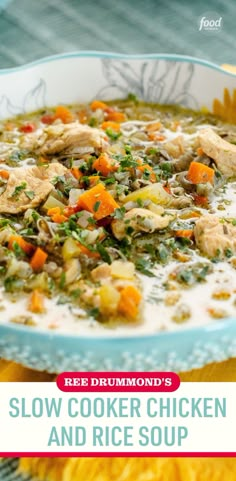 a bowl of slow cooker chicken and rice soup on a yellow table cloth with the title red drumond's slow cooker chicken and rice soup