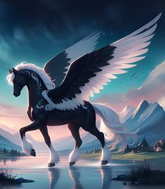 a black and white horse with wings on its back standing in the middle of a lake