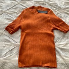 Burnt Orange Sweater Top. New With Tags. Size L Trendy Winter Tops With Short Sleeves, Ribbed Short Sleeve Tops For Winter, Orange Knit Tops For Fall, Trendy Ribbed Short Sleeve Sweater, Trendy Short Sleeve Ribbed Sweater, Orange Ribbed Crew Neck Top, Orange Crew Neck Top For Winter, Casual Orange Knit Top For Fall, Fitted Casual Sweater With Short Sleeves