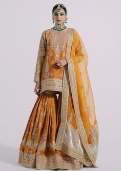 Traditional Orange Sharara Dress for Indian Bridal Wear Orange Sharara, Silk Sharara Suit, Sharara Dress, Silk Sharara, Carrot Colour, Embroidered Sharara, Sharara Pants, Sharara Suit, Indian Bridal Wear