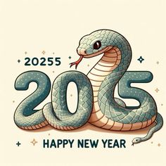 a happy new year greeting card with a snake on it's head and the number 205