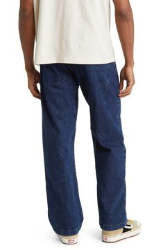 Inspired by workwear styles, these nonstretch jeans rock reinforced, double-layer knees and a loose fit for laid-back comfort. 19" leg opening; 11 1/2" front rise; 15 1/2" back rise (size 32x32) 100% cotton Machine wash, tumble dry Imported Medium Wash Relaxed Fit Utility Pants, Relaxed Fit Medium Wash Rigid Denim Bottoms, Medium Wash Straight Fit Denim Pants, Straight Fit Medium Wash Denim Pants, Dark Wash Cotton Tapered Leg Cargo Jeans, Relaxed Fit Washed Blue Rigid Denim Pants, Straight Fit Washed Blue Denim Bottoms, Medium Wash Straight Fit Denim Bottoms, Washed Blue Straight Fit Denim Bottoms