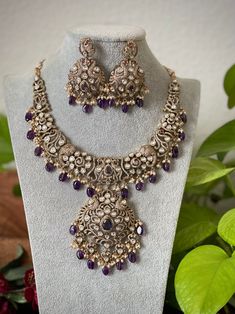 Grand Victorian Diamond Necklace / Pakistani Jewelry / Antique  Kundan Necklace / Sabyasachi inspired necklace and earrings Ornate Purple Jewelry With Matching Earrings, Traditional Bridal Necklace With Matching Earrings For Festivals, Purple Kundan Jewelry Gift, Traditional Bridal Necklace With Matching Earrings For Diwali, Traditional Meenakari Purple Jewelry, Traditional Purple Jewelry For Festive Occasions, Elegant Purple Meenakari Jewelry, Traditional Purple Festive Jewelry, Purple Jewelry For Festivals And Celebrations