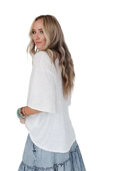 Meet your new go-to tee! With its soft slub fabric and relaxed fit, this shirt is perfect for everyday wear. Great for layering or wearing solo, it’s a versatile staple in any wardrobe. Style with our Culpo Cuffed Wide Jeans & Paisley Jacket Shop more Basics White Lightweight Slub knit Oversized Relaxed fit Crew neckline Short sleeves 50% cotton, 50% modal Still not sure which size to get? Ask one of our stylists! Please give us a call at 856-452-5821 during our regular business hours. White Jumpsuit Dress, Paisley Jacket, Wide Jeans, Denim Leggings, Wardrobe Style, Short Rompers, Hair Accessories Headbands, A Call, Bottoms Pants