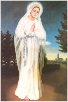 a painting of a woman dressed in white and holding her hands together with the other hand