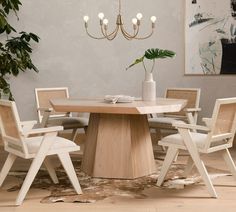 a dining table with chairs around it and a plant in the corner on the other side